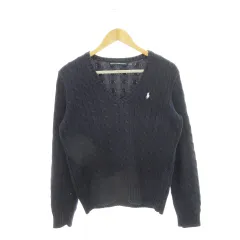 ラルフローレン RALPH LAUREN sports ニット セーター Vネック 長袖 ケーブル編み ロゴ刺繍 コットン L 紺 ネイビー /AH8 ■GY17