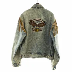 ハーレーダビッドソン HARLEY DAVIDSON 80年代 80's ヴィンテージ デニムジャケット ジージャン Gジャン アシッドウォッシュ フリンジ L 青 ブルー ■GY11 /MQ