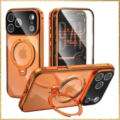 ☆彡送料無料でお届け☆彡Size:17 Pro Max_Color:オレンジ 【スタンド機能付き・360°定点回転】MagSafe対応 iPhone 17 Pro Max 用 ケース クリア ロック付き 9H強化ガラス PC背面 一体型レンズ保護 両面 アルミ