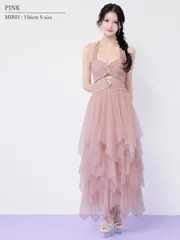 ピンク [AR26808-BE-2601] 【ANGEL R/エンジェルアール】ネックリボン/ フロントビジュー/ ウエストカット/ フリル/ メッシュ/ フレア/ ワンピース/ ロングドレス/ キャバドレス/ ディアバイローブドフルールグロッシー 3445