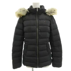 ヒルフィガーデニム HILFIGER DENIM ダウンジャケット S ジップアップ フード付 フェイクファー ロゴ刺繍 黒 ブラック /GV ■GY18