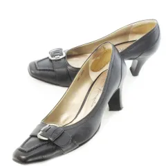 銀座かねまつ GINZA Kanematsu WM パンプス ハイヒール スクエアトゥ レザー 革 バックル ベルト 22 黒 ブラック /CK12 ■GY18