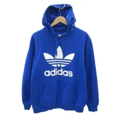 アディダスオリジナルス adidas originals パーカー プルオーバー L 青 ブルー ロゴプリント 裏起毛 ミドル丈 /YS42 ■GY58