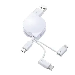サンワサプライ ライトニング・TypeC・microB 巻取りUSB 3in1 ケーブル 0.8m KB-IPLTM08KW