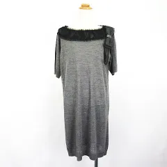 noir riviere ニット ワンピース チュニック 半袖 ラウンドネック ひざ丈 チュール リボン ウール混 アンゴラ混 9 グレー ※EKM