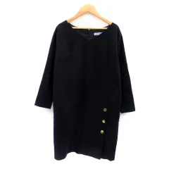 ナチュラルビューティーベーシック NATURAL BEAUTY BASIC ワンピース ひざ丈 長袖 Vネック 無地 S 紺 ネイビー /SY41