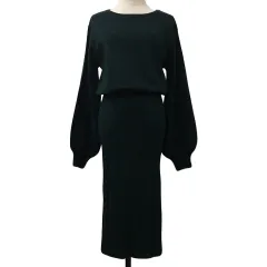 マウジー MOUSSY ワンピース ニット Iライン ロング ウエストゴム 無地 長袖 FREE 緑 グリーン