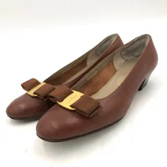 フェラガモ ヴァラ パンプス 23.5cm 茶 リボン レザー ヒール 革靴 6B