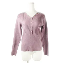 ジョージズ George's ニット セーター リブ Vネック ヘンリーネック 長袖 切替 ストレッチ もっちり F 紫 パープル /CK14