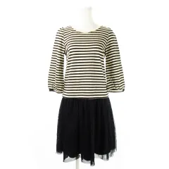 アナトリエ ANATELIER ワンピース ドッキング ひざ丈 七分袖 コットン チュール ワンポイント パール ボーダー 38 黒 ブラック /CK4