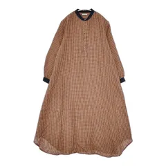 fog linen work チェック リネン リトアニア製 ワンピース オレンジ ネイビー レディース フォグリネンワーク【中古】6-0117M∞