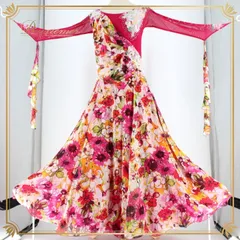 社交ダンス 衣装 スタンダード ドレス ワンピース パーティドレス Leirena レイリーナ ピンク系 ホワイト系 オレンジ系 グリーン系 花柄 フロート付きデザイン 二重スカート ラインストーン 伸縮性有り 軽やか 踊る用 衣装 レディース