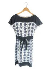 ローラアシュレイ LAURA ASHLEY ワンピース 半袖 袖フリル ひざ丈 花柄 ネイビー ホワイト サイズ11 QQQ