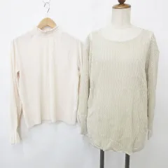 ジーユー GU ニット カットソー 2枚セット セーター 長袖 メッシュ ラウンドヘム プルオーバー ハイネック プリーツ ベージュ アイボリー S