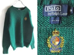 希少 90sビンテージ Polo by Ralph Lauren ラルフローレン エムブレムロゴ刺繍 ウール ローゲージニット セーター S 緑 グリーン VINTAGE