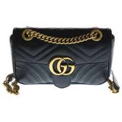 GUCCI (グッチ) GGマーモント ロゴプレート レザー チェーン ショルダーバッグ ゴールド金具 ブラック 446744