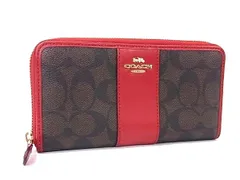 COACH コーチ 54630 シグネチャー PVC×レザー ラウンドファスナー 長財布 ウォレット 小銭入れ 札入れ ブラウン系×レッド系 DL8039