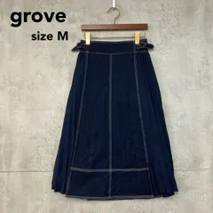 新品 未使用 grove グローブ デニム サイドプリーツスカート M 紺 インディゴ 768-73029 膝丈 ロングスカート Aライン ステッチ 異素材切替 きれいめ カジュアル レディース ワールド 上品 清楚 ★ ■◇