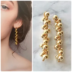 【選べる金具】光の粒が輝く！メタリックパールとグラスビーズのロングピアス/イヤリング ゴールド ハンドメイド No.1894