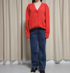 オーバーサイズ レッド Vネック ニット カーディガン