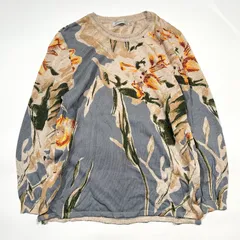 Lhouyou セーター 柄ニット リネン混 麻 花柄 フラワー 総柄 アート 洗える ウォッシャブル マルチカラー 長袖 Lサイズ