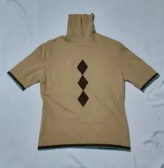 (ウール100%) IY BASICS アーガイル パータン 半袖 タートルネック ニット