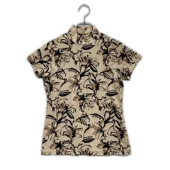 中古 レディース デサントゴルフ DESCENTE GOLF 半袖シャツ S ベージュ×茶色×黒 モックネック ボタニカル柄