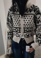 (海外配送)ハイネック パータン ダブルジップアップ ニット カーディガン セーター