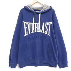 XL/古着 EVERLAST 長袖 スウェット パーカー メンズ ビッグロゴ 刺繍 大きいサイズ 紺 25dec11