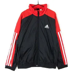 アディダス adidas ジャケット ウインドブレーカー ジップアップ 配色 ロゴ スリーストライプス 裏起毛 長袖 130 黒 ブラック 赤 レッド 白 ホワイト KIDS スポーツウエア