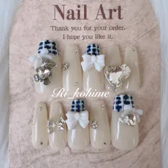 ネイルチップ　現品　フレンチガーリー　ちゅるん　ニュアンス　バレエコア　ワンホン　韓国　メンカラ　推しネイル　y2k  夢かわ　ツイード　バレエコア　ネイビー　紺　くま　クマ　メンカラ　推し　ハート　リボン　チェック