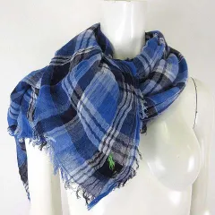 ポロ ラルフローレン POLO RALPH LAUREN ストール ショール マフラー スカーフ コットン チェック柄 ポニー ロゴ 刺繍 青 ブルー 紺 ネイビー 白
