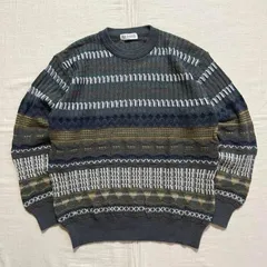 〜90s　vintage　ヴィンテージ古着　うねうねボーダー　ネイティブ　アートモチーフ　総柄　肉厚立体編み　3Dニット　Uネックセーター　ウール×アクリル　M　グレー系　マルチカラー　レトロ古着　C-BOY　サブカル　3D art design knit