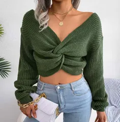 セーター レディース 即購入OK 秋冬 クロス 結びデザイン ウエスト出し セクシー Vネック トップス 長袖 リブ ニット おしゃれ きれい
