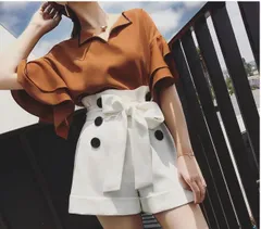 【大人可愛い】セットアップ ブラウス ＆ ハイウエストショートパンツ 2点セット 送料無料