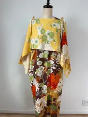 あぎゅ様専用♡ 正絹着物リメイク　ブラウンイエロー　ゆったりサイズ