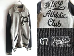 POLO RALPH LAUREN ラルフローレン Pロゴ レタード インディアンワッペン 刺繍 コットンウール ニットスウェット スタジャン ジャケット S グレー チャコール