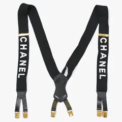 極美品 CHANEL シャネル サスペンダー ロゴマーク ヴィンテージ ゴム レザー ブラック ゴールド 中古 4b011482