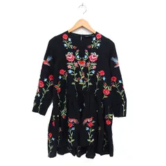 ザラウーマン ZARA WOMAN フレア ワンピース ひざ丈 花柄 刺繍 バックロング 長袖 XS 黒 ブラック /NT31