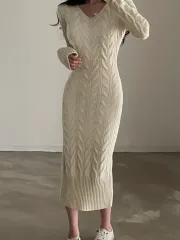 ケーブル編み ニット ロング ワンピース アイボリー