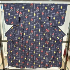 中古　絣　ウール　アンサンブル　紺　身丈約153cm　R8U-K-30