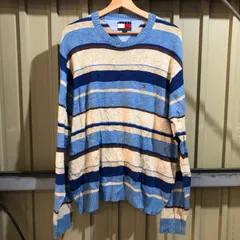 1686 TOMMY HILFIGER セーター 水色 ブルー L トミーヒルフィガー ニットコットン ウール ワンポイント 刺繍ロゴ ボーダー柄 古着卸 アメリカ仕入