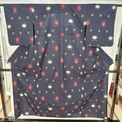 中古　絣　ウール　アンサンブル　身丈約158cm　紺　R8U-K-31