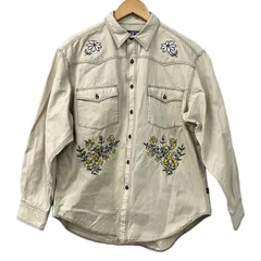 BoTT(ボット) 長袖シャツ サイズL メンズ美品  - ベージュ×グリーン×マルチ 刺繍/フラワー(花)