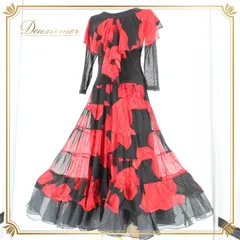 社交ダンス 衣装 スタンダード 上下セット ツーピース レッスンウェア パーティ衣装 レディース 黒 レッド系 ブラック系 赤 花柄 レース 派手 花柄ドレス フレアスカート エレガント ストレッチ素材 おしゃれ スカート付きトップス ダンスウェア フォーマル