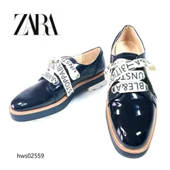 極美品 ZARA ザラ 厚底 プラットフォーム オックスフォード シューズ 39 24.5cm エナメル ネイビー 紺 ロゴリボン 完売品 希少 レースアップ ダービー カジュアル 通勤 通学 美脚 脚長 効果 モード 人気モデル 定番 hws02559