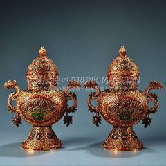 中国古美術 旧藏 錯金青銅器 烏壺 一対 時代物 骨董 花器 飾壺 青銅