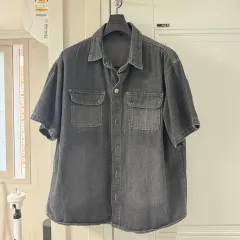 ノーブランド ブラックデニム 半袖 シャツ (M)