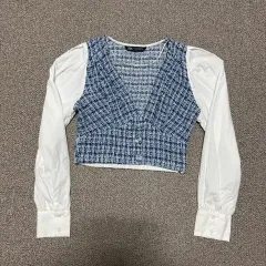 XS ザラ ブルー ツイード シャツ ブラウス
