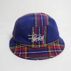 国内正規 STUSSY ステューシー 刺しゅう ロゴ タータン チェック柄 ウール バケット ハット 帽子 刺繍ロゴ 青 赤 本物 336Q★2
